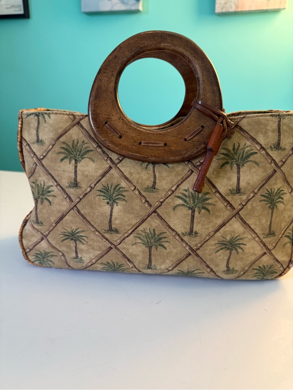 Vintage Fossil Tropical Palm-tree Print Canvass & Straw Bag w Wood Handles - Picture 9 of 15